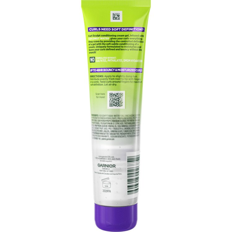 Back of Garnier Fructis Curl Sculpt Conditioning Cream Gel showing ingredients and directions.